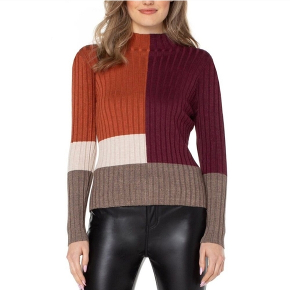 Liverpool Sweaters - LIVERPOOL Mock Neck Pullover Colorblock Rib Knit Sweater